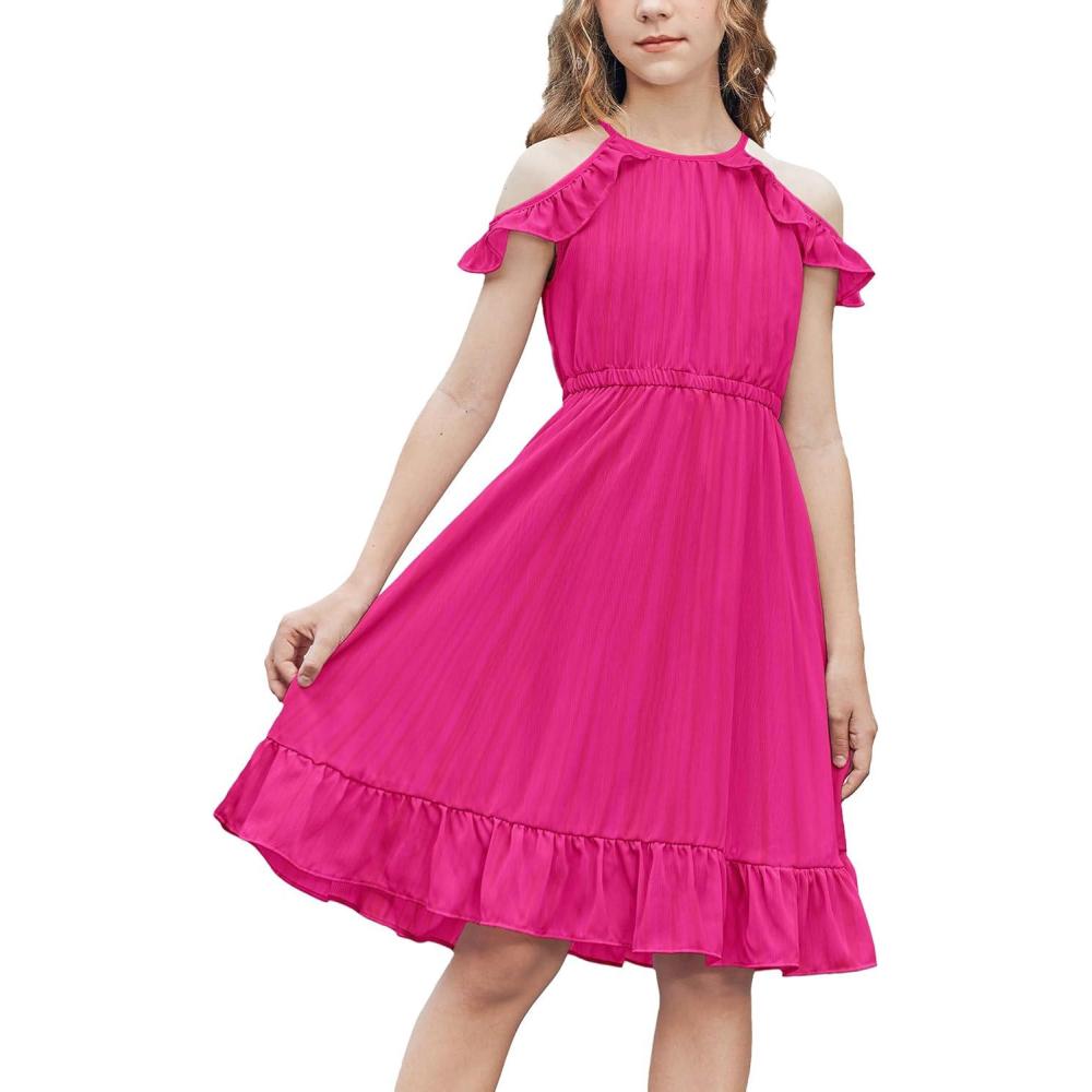 image:imageArshiner Girls Dress Halter Neck Ruffle Sleeveless Formal Party Casual Summer Sundress for 514 YearsHot Pink