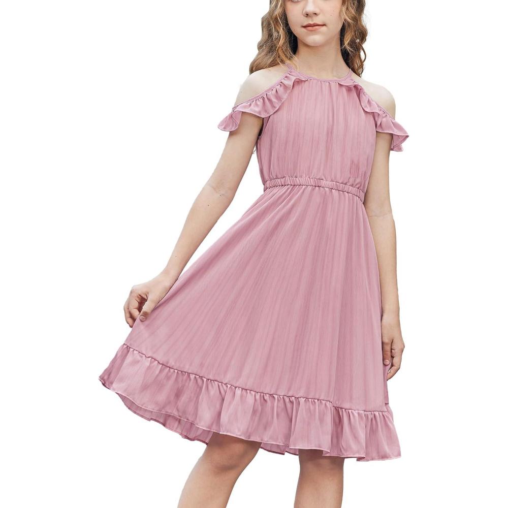 image:imageArshiner Girls Dress Halter Neck Ruffle Sleeveless Formal Party Casual Summer Sundress for 514 YearsPink