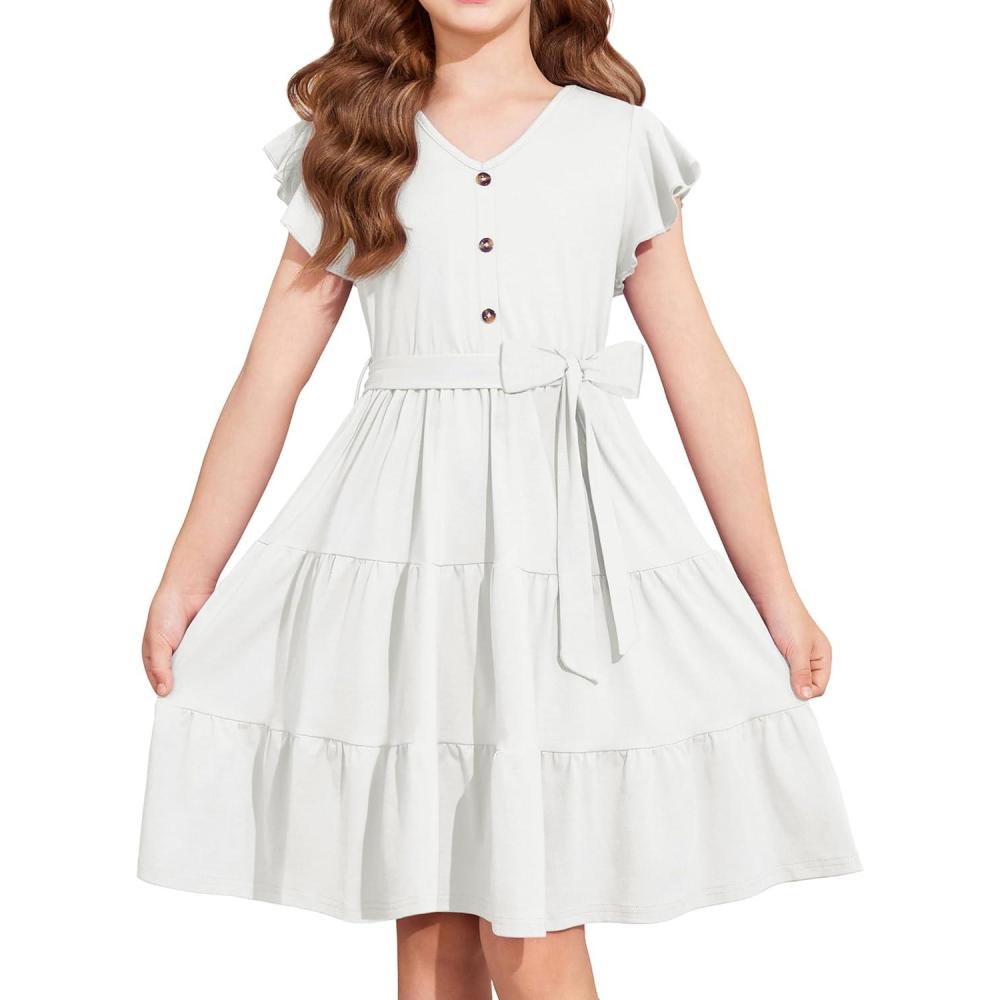 image:imageArshiner Girls Dress Short Sleeve Summer V Neck Button Removable Belt Dresses with Pockets 512 YWhite