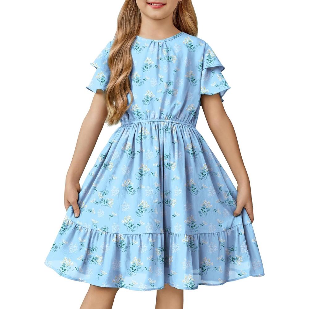 image:imageArshiner Girls Dresses Formal Ruffle Sleeve Elegant Chiffon Party Pleated Casual Swing Dress with Pockets for 512 YearsDaisy Pattern