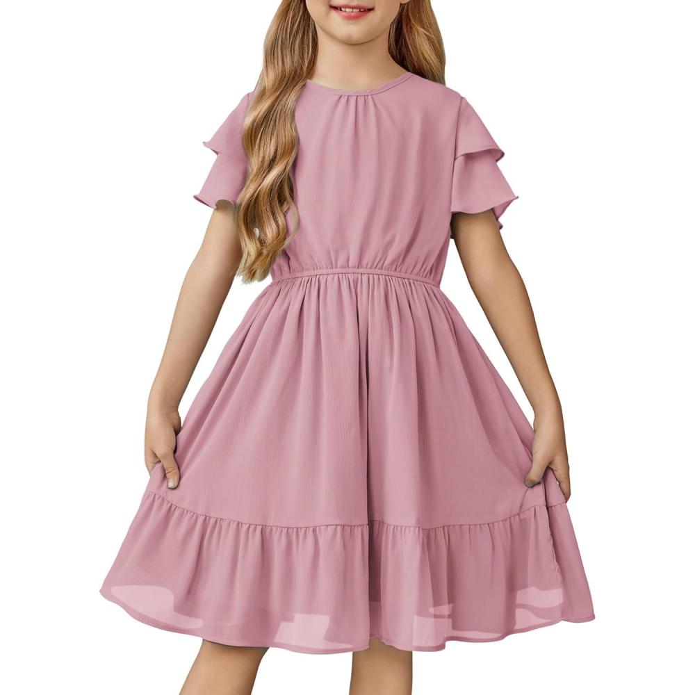 image:imageArshiner Girls Dresses Formal Ruffle Sleeve Elegant Chiffon Party Pleated Casual Swing Dress with Pockets for 512 YearsLight Pink