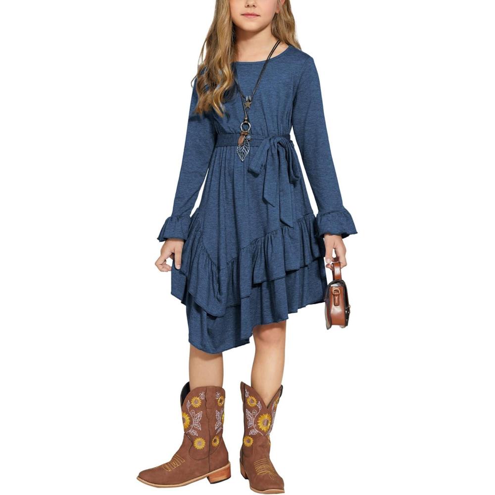 image:imageArshiner Girls Dresses Loose Plain Casual Ruffle Swing Midi Dress with Belt for 514 YearsDark Blue