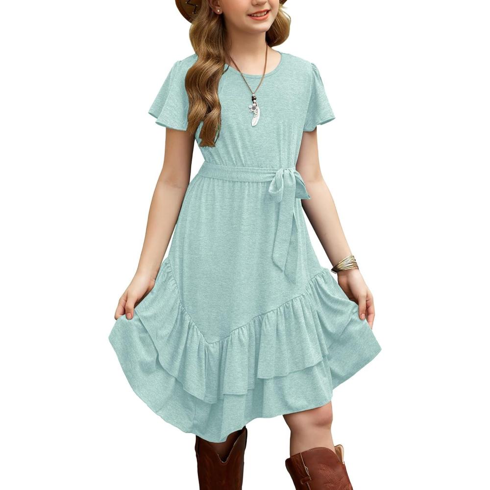 image:imageArshiner Girls Dresses Loose Plain Casual Ruffle Swing Midi Dress with Belt for 514 YearsLight Aqua