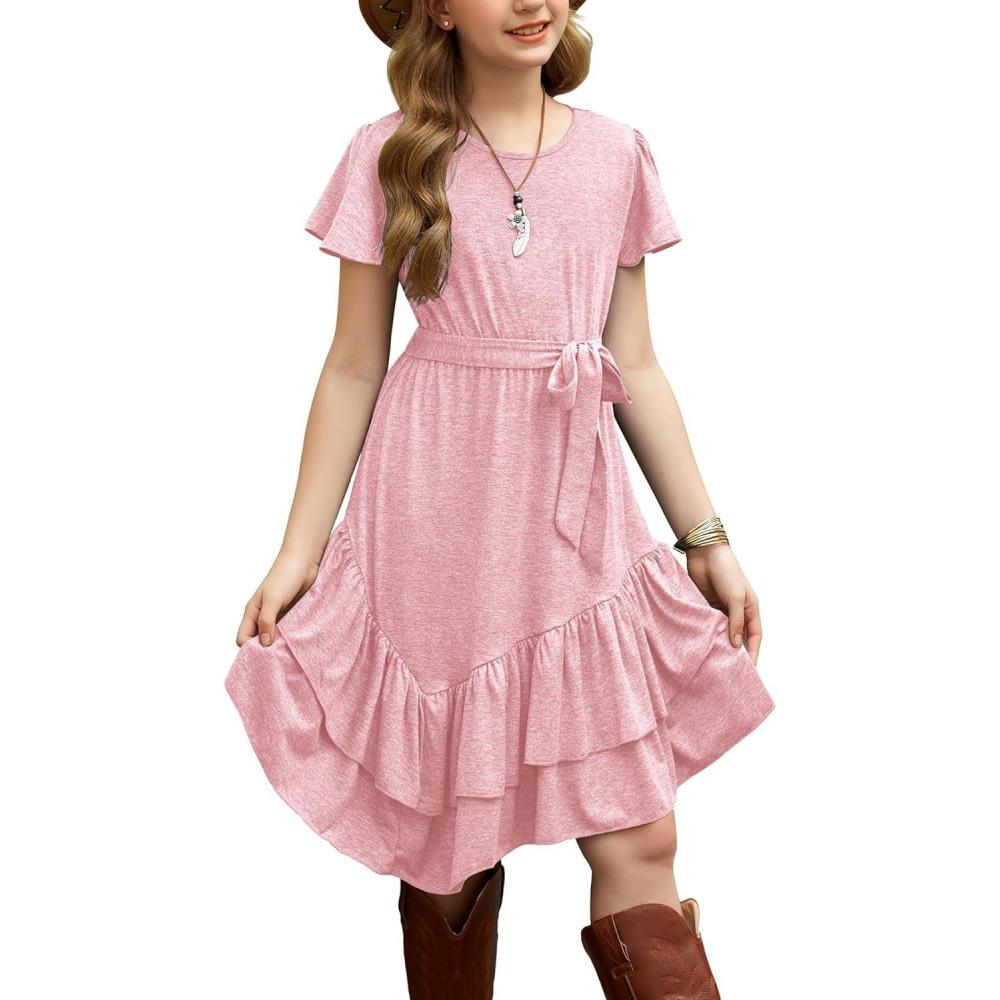 image:imageArshiner Girls Dresses Loose Plain Casual Ruffle Swing Midi Dress with Belt for 514 YearsLight Pink