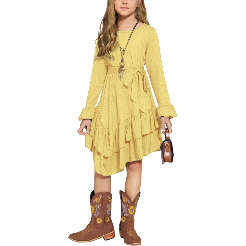 image:imageArshiner Girls Dresses Loose Plain Casual Ruffle Swing Midi Dress with Belt for 514 YearsYellow