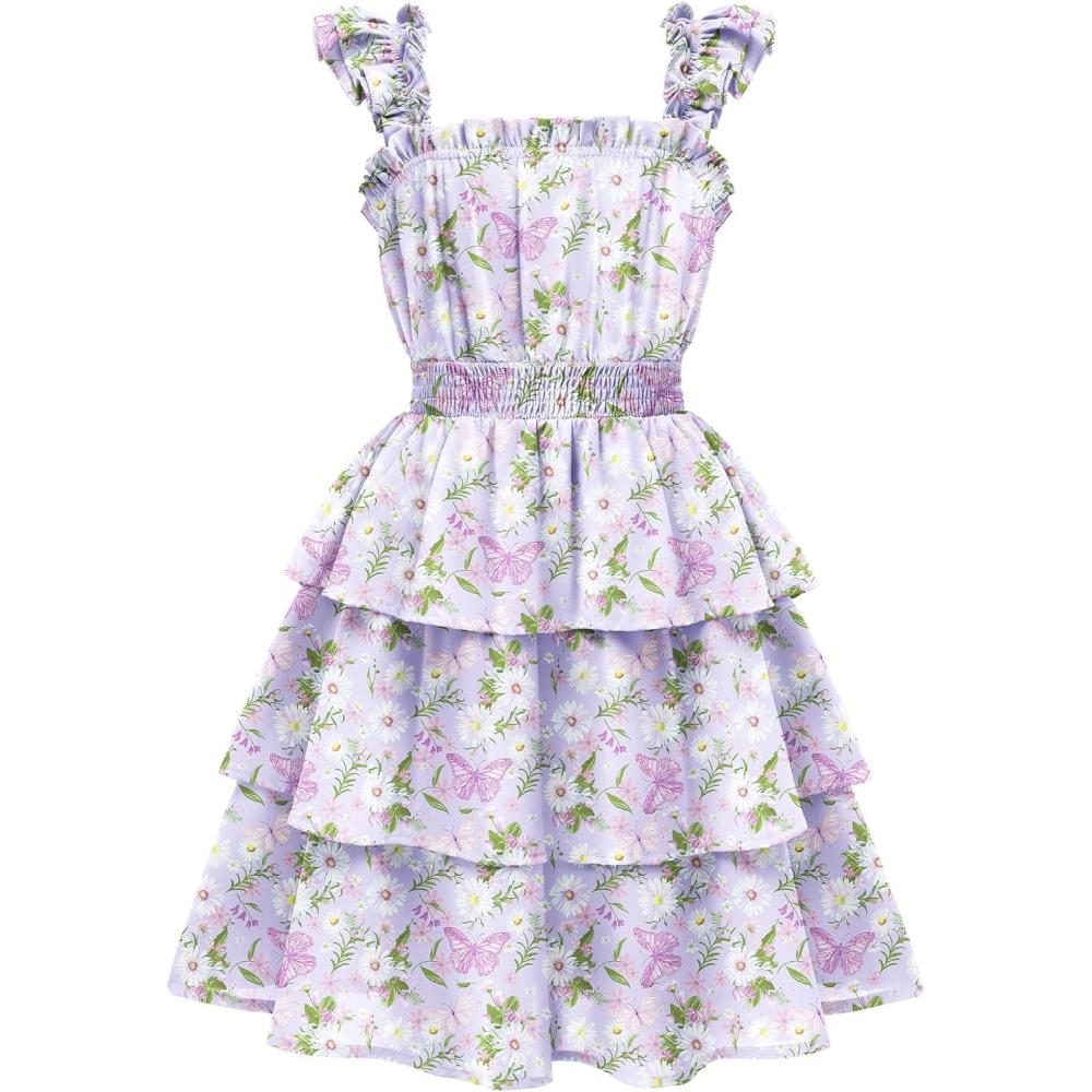 image:imageArshiner Girls Dresses Ruffle Flutter Sleeve Summer Floral Tiered Casual Party Dress for 614 YPurple Butterfly
