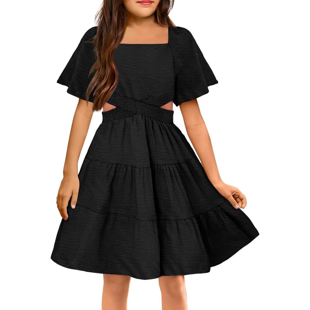 image:imageArshiner Girls Dresses Square Neck Cut Out Shirred Party Cute Tween DressBlack