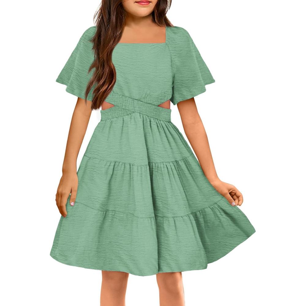 image:imageArshiner Girls Dresses Square Neck Cut Out Shirred Party Cute Tween DressLight Green