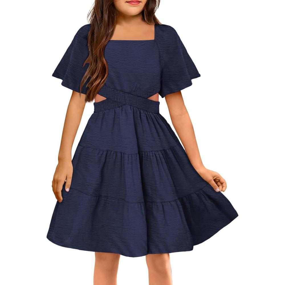 image:imageArshiner Girls Dresses Square Neck Cut Out Shirred Party Cute Tween DressNavy Blue
