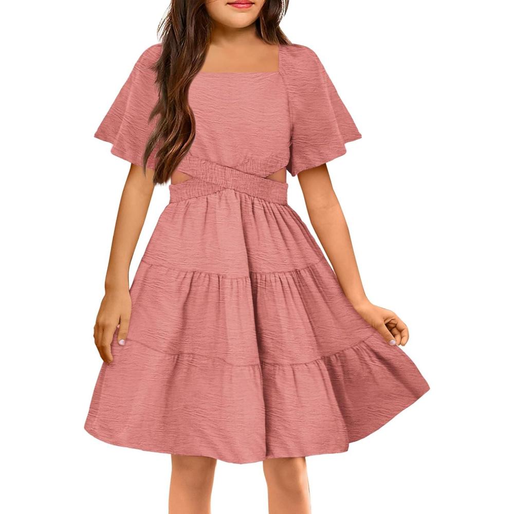 image:imageArshiner Girls Dresses Square Neck Cut Out Shirred Party Cute Tween DressPink
