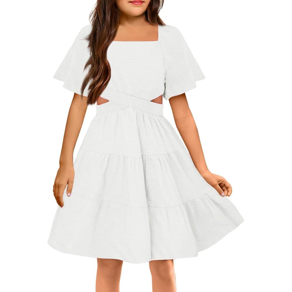 image:imageArshiner Girls Dresses Square Neck Cut Out Shirred Party Cute Tween DressWhite