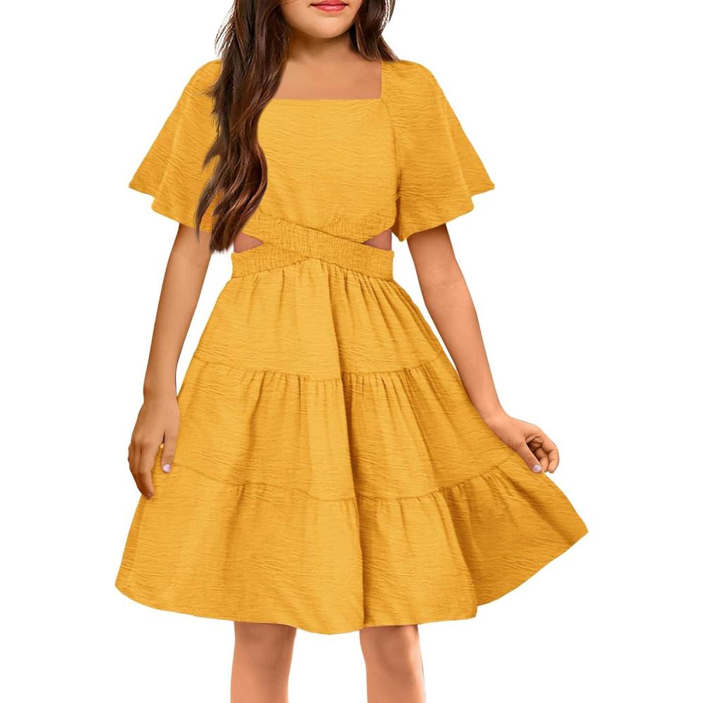image:imageArshiner Girls Dresses Square Neck Cut Out Shirred Party Cute Tween DressYellow
