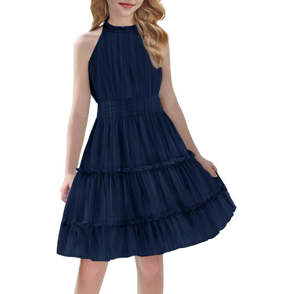 image:imageArshiner Girls Halter Neck Sleeveless Dress Casual Flowy Smocked Cute Summer Dress for 512 YearsA Navy Blue