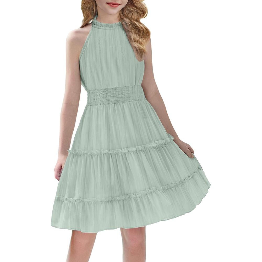 image:imageArshiner Girls Halter Neck Sleeveless Dress Casual Flowy Smocked Cute Summer Dress for 512 YearsLight Green