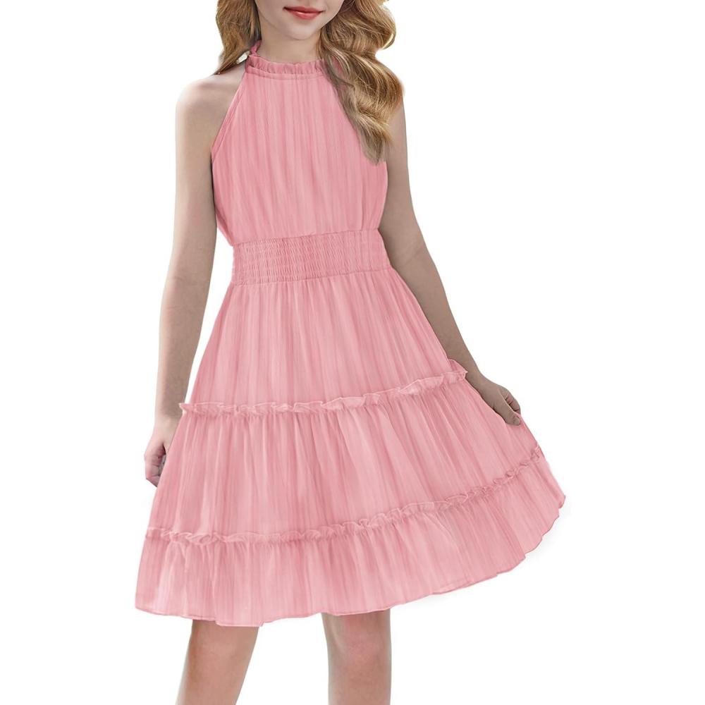 image:imageArshiner Girls Halter Neck Sleeveless Dress Casual Flowy Smocked Cute Summer Dress for 512 YearsLight Pink