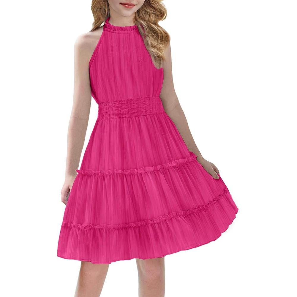 image:imageArshiner Girls Halter Neck Sleeveless Dress Casual Flowy Smocked Cute Summer Dress for 512 YearsRose Red