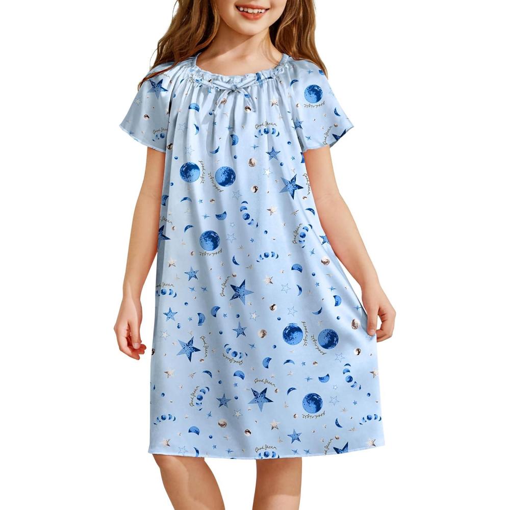 image:imageArshiner Girls Nightgowns Silk Satin Pajama Dress Short Sleeve Soft Princess SleepwearBlue Star