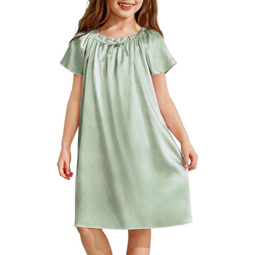 image:imageArshiner Girls Nightgowns Silk Satin Pajama Dress Short Sleeve Soft Princess SleepwearLight Green