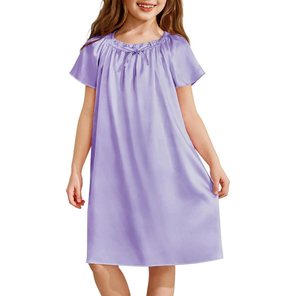 image:imageArshiner Girls Nightgowns Silk Satin Pajama Dress Short Sleeve Soft Princess SleepwearLight Purple