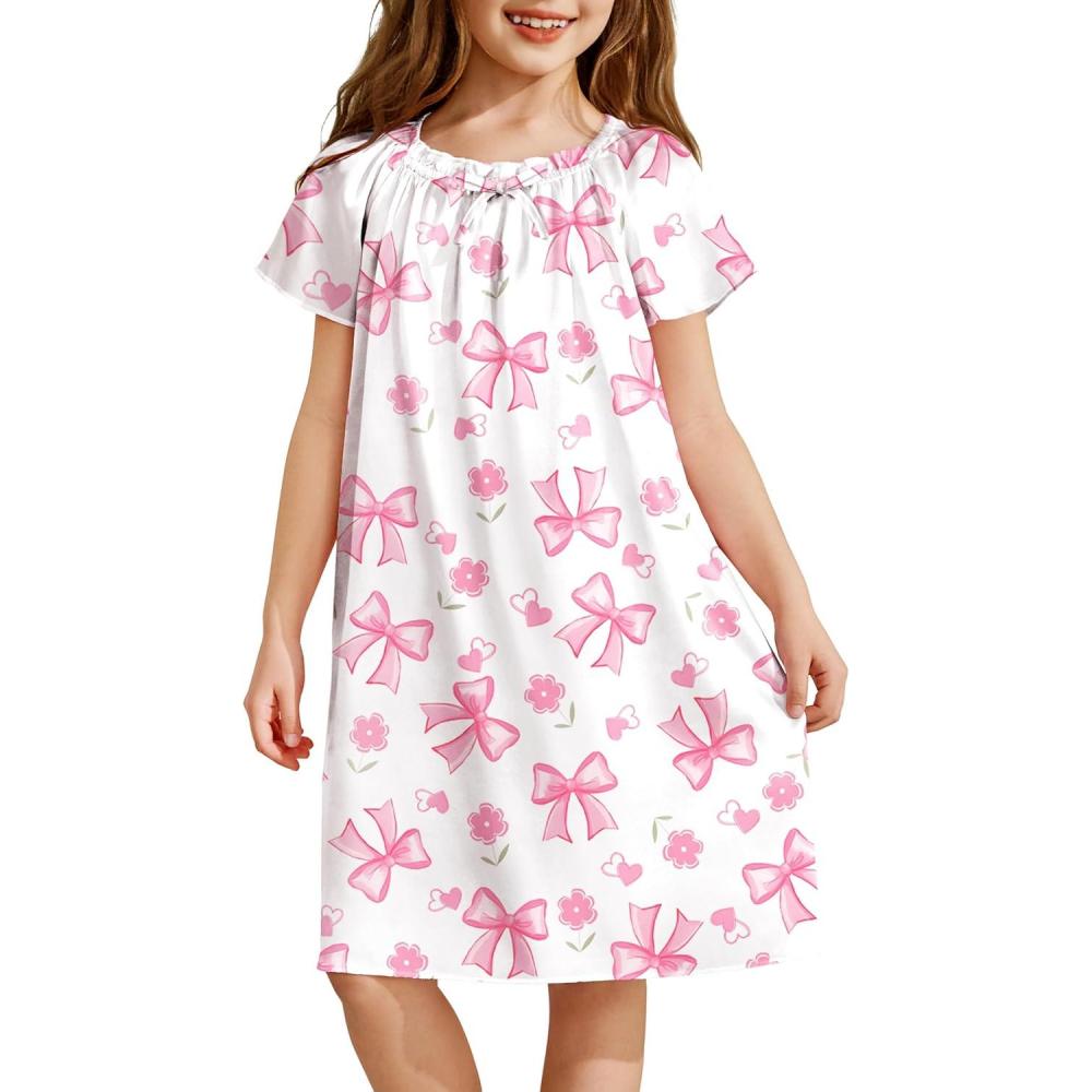 image:imageArshiner Girls Nightgowns Silk Satin Pajama Dress Short Sleeve Soft Princess SleepwearPink Bow