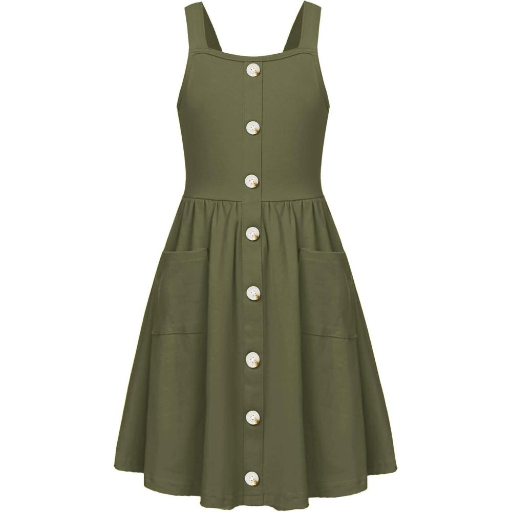 image:imageArshiner Girls Spaghetti Strap Button Down Midi Sleeveless Summer Casual Sundress Aline Dress with PocketsArmygreen