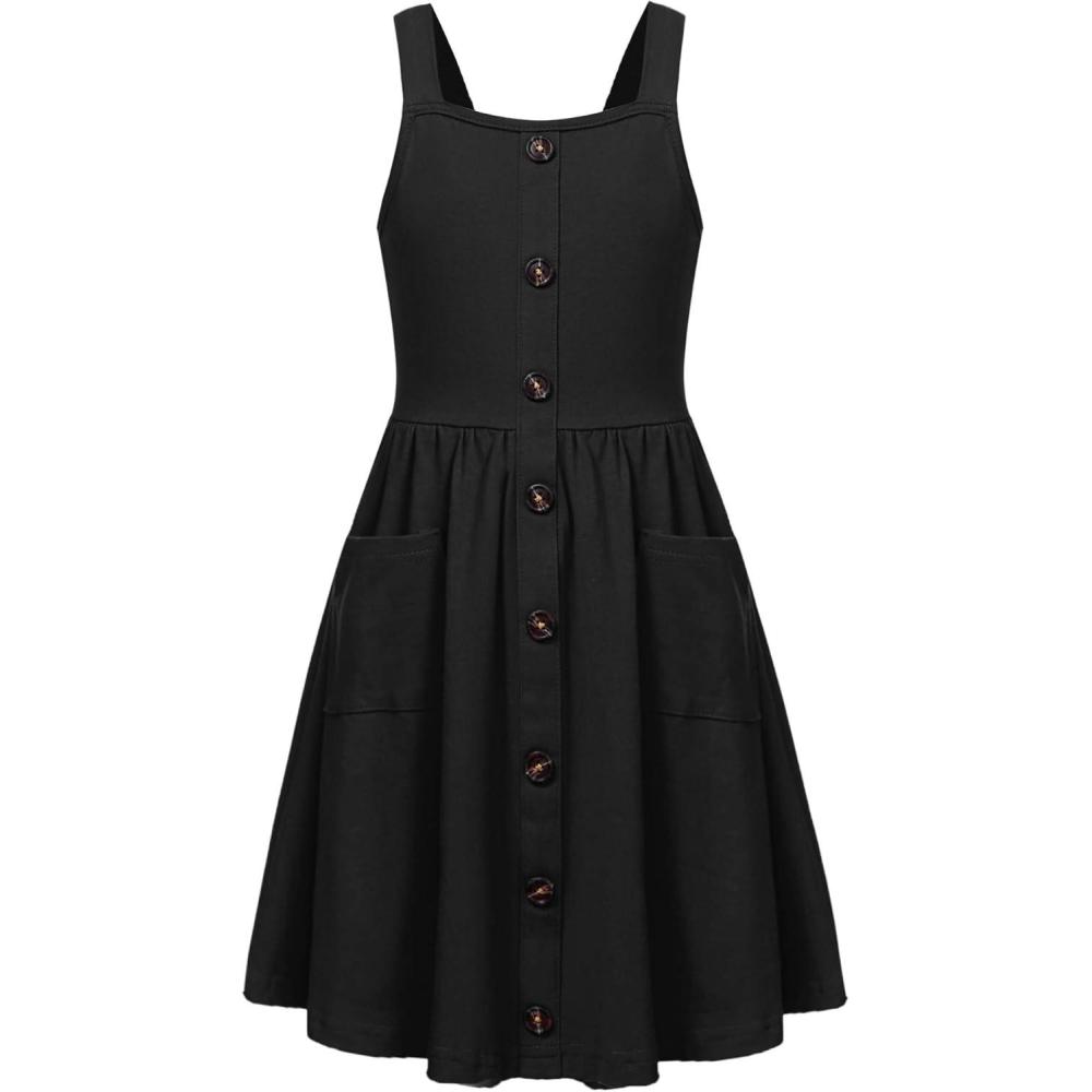 image:imageArshiner Girls Spaghetti Strap Button Down Midi Sleeveless Summer Casual Sundress Aline Dress with PocketsBlack