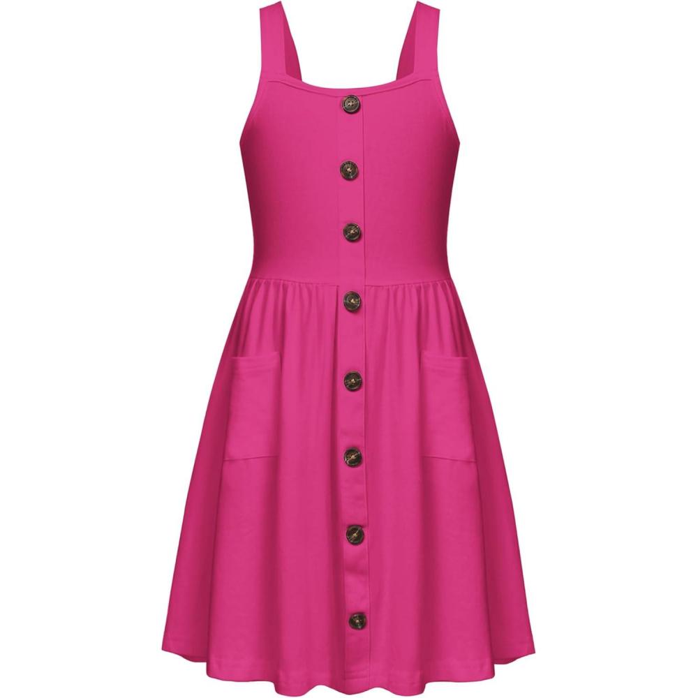 image:imageArshiner Girls Spaghetti Strap Button Down Midi Sleeveless Summer Casual Sundress Aline Dress with PocketsHot Pink
