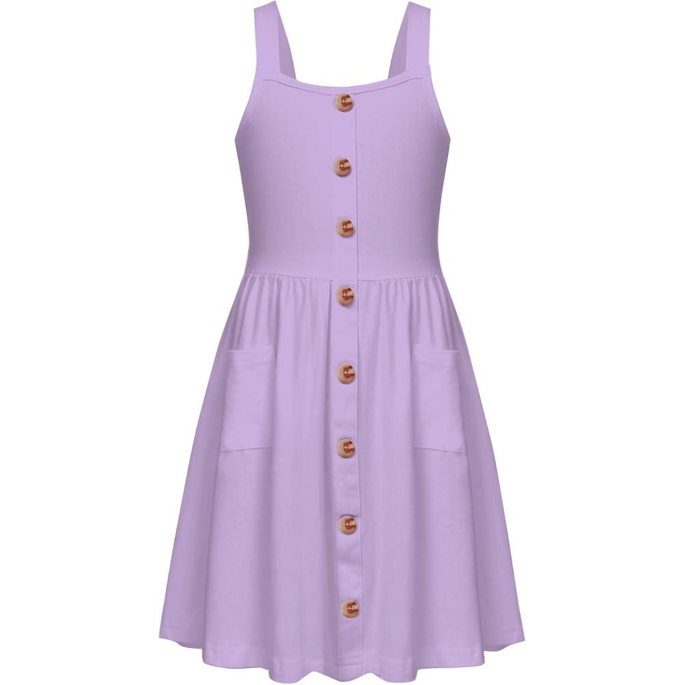 image:imageArshiner Girls Spaghetti Strap Button Down Midi Sleeveless Summer Casual Sundress Aline Dress with PocketsLilac