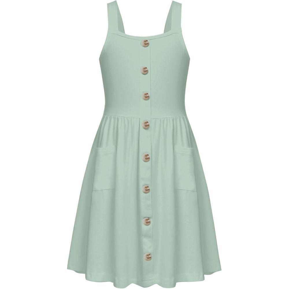 image:imageArshiner Girls Spaghetti Strap Button Down Midi Sleeveless Summer Casual Sundress Aline Dress with PocketsMint Green
