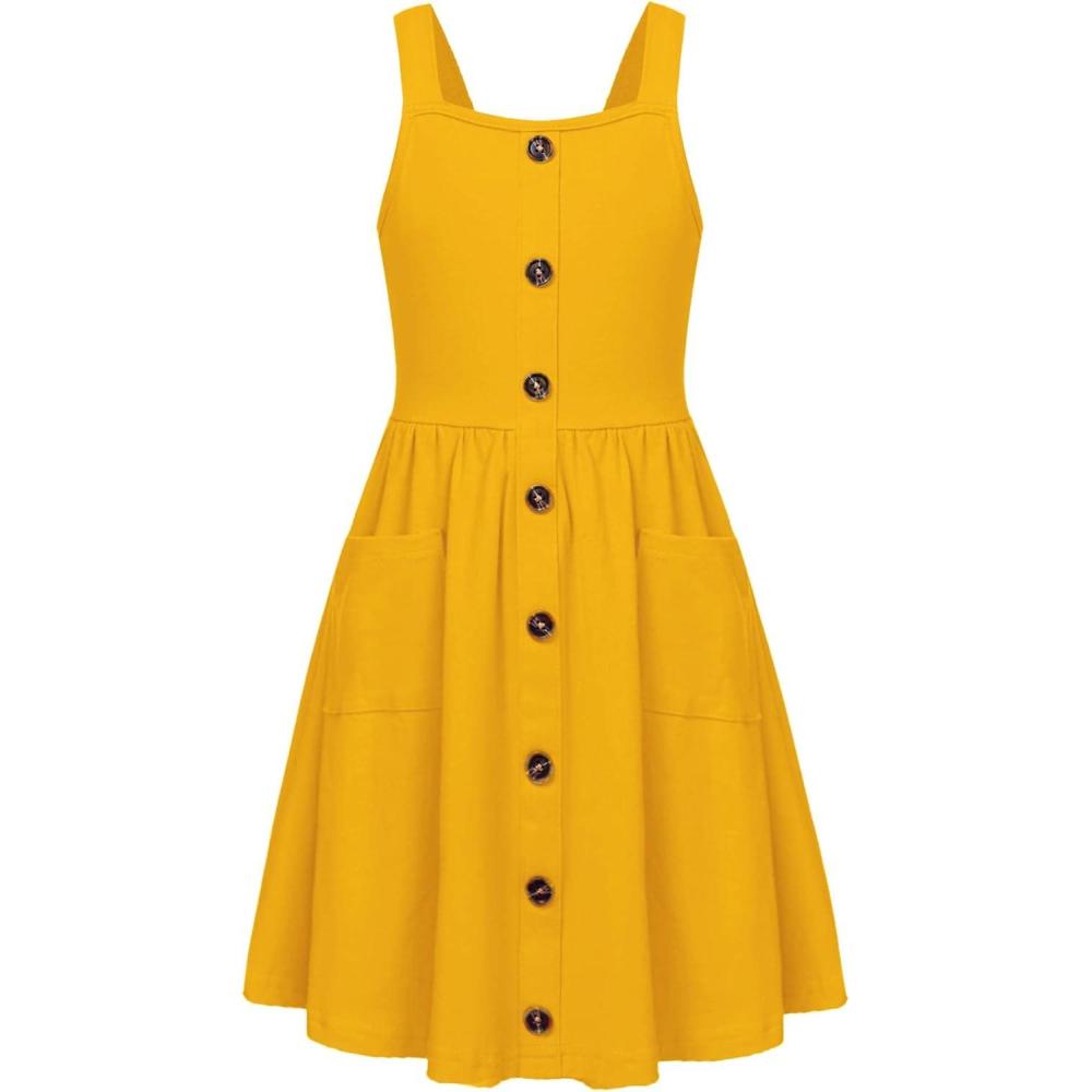 image:imageArshiner Girls Spaghetti Strap Button Down Midi Sleeveless Summer Casual Sundress Aline Dress with PocketsMustard