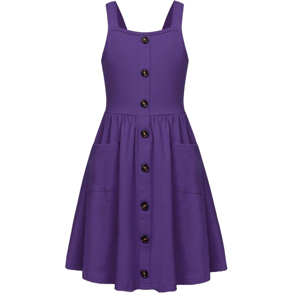 image:imageArshiner Girls Spaghetti Strap Button Down Midi Sleeveless Summer Casual Sundress Aline Dress with PocketsPurple