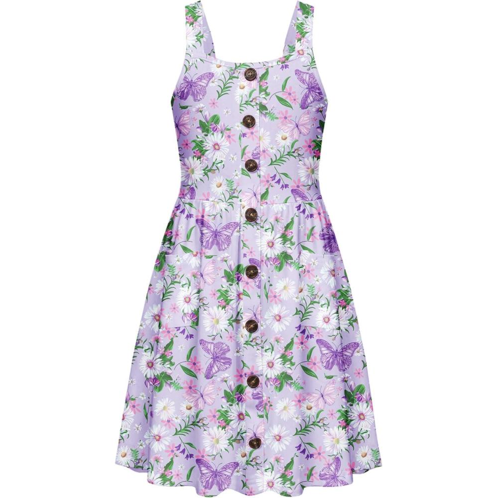 image:imageArshiner Girls Spaghetti Strap Button Down Midi Sleeveless Summer Casual Sundress Aline Dress with PocketsPurple Butterfly