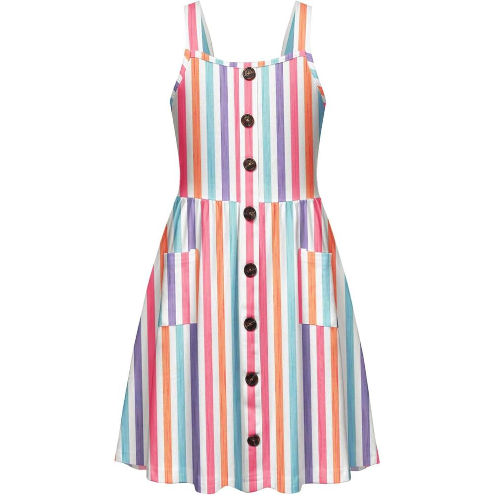 image:imageArshiner Girls Spaghetti Strap Button Down Midi Sleeveless Summer Casual Sundress Aline Dress with PocketsRainbow Stripe