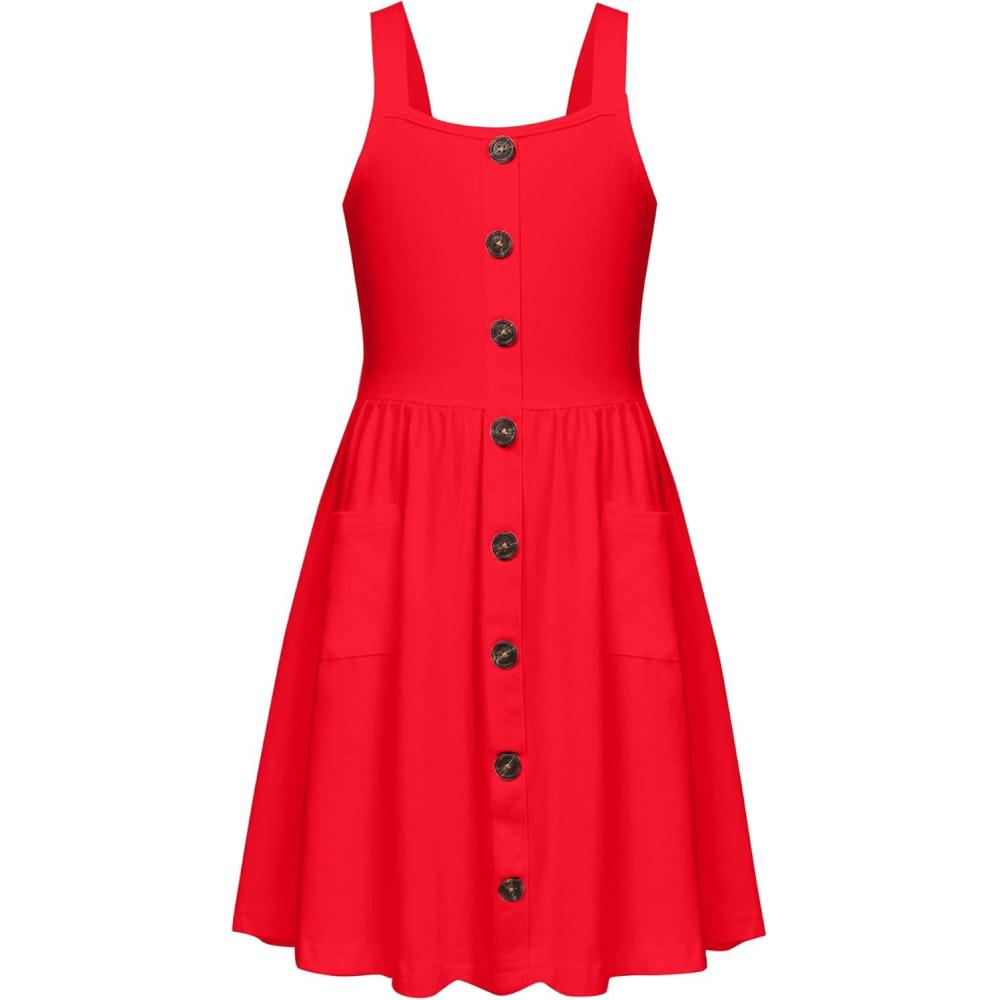 image:imageArshiner Girls Spaghetti Strap Button Down Midi Sleeveless Summer Casual Sundress Aline Dress with PocketsSolid Red
