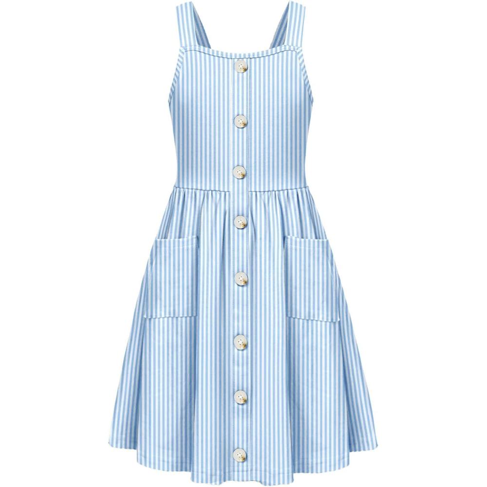 image:imageArshiner Girls Spaghetti Strap Button Down Midi Sleeveless Summer Casual Sundress Aline Dress with PocketsWhiteblue Strip