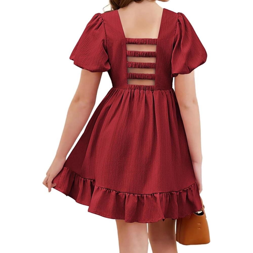 image:imageArshiner Girls Summer CutOut Back ALine Dress Puff Sleeves Square Neckline Flounce Hem DressesBurgundy
