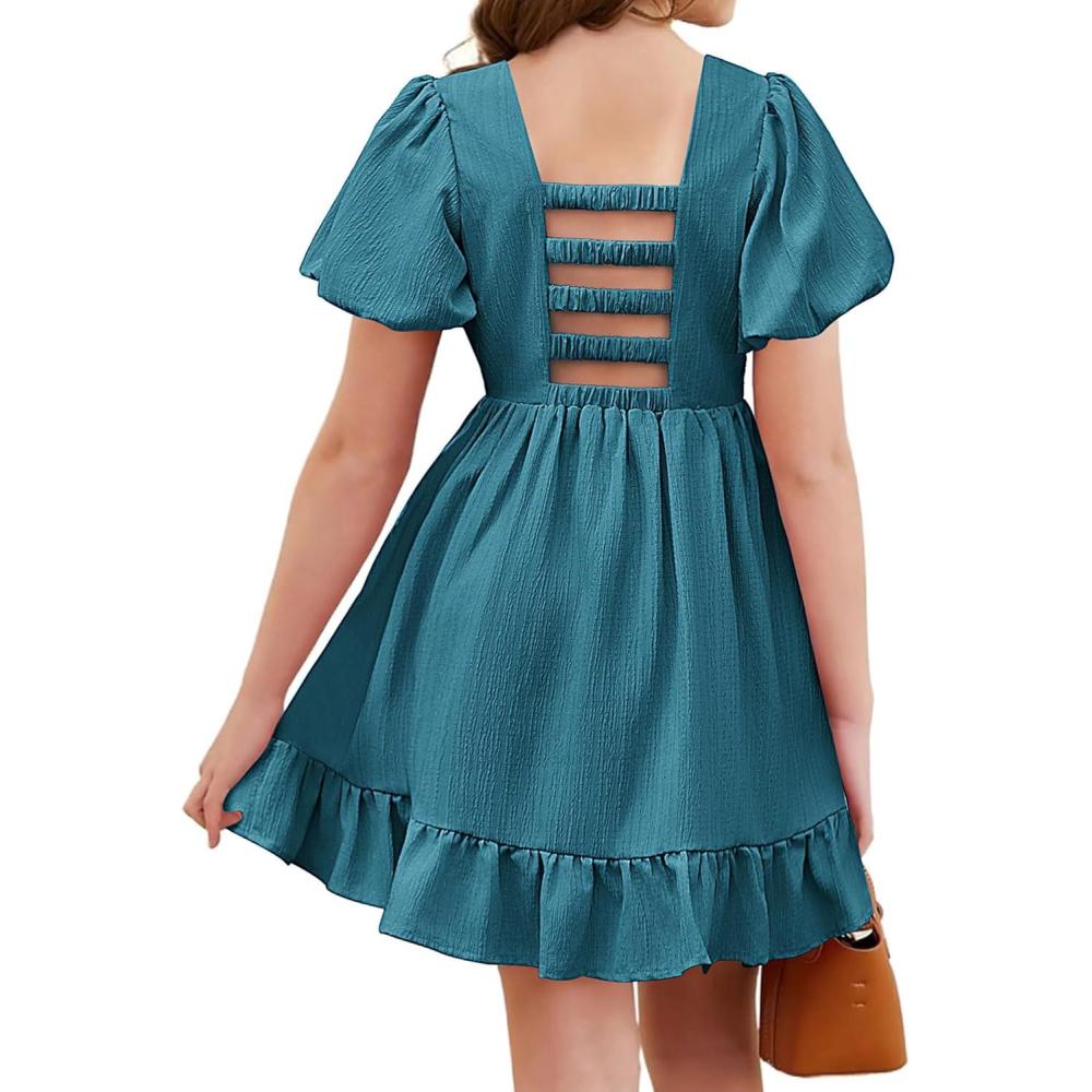 image:imageArshiner Girls Summer CutOut Back ALine Dress Puff Sleeves Square Neckline Flounce Hem DressesPeacock Blue