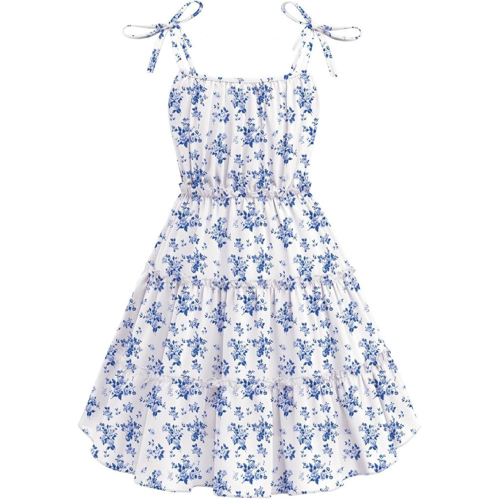image:imageArshiner Girls Summer Sundress Boho Spaghetti Strap Ruffled Tiered Dresses Casual Midi Cami DressBluefloral