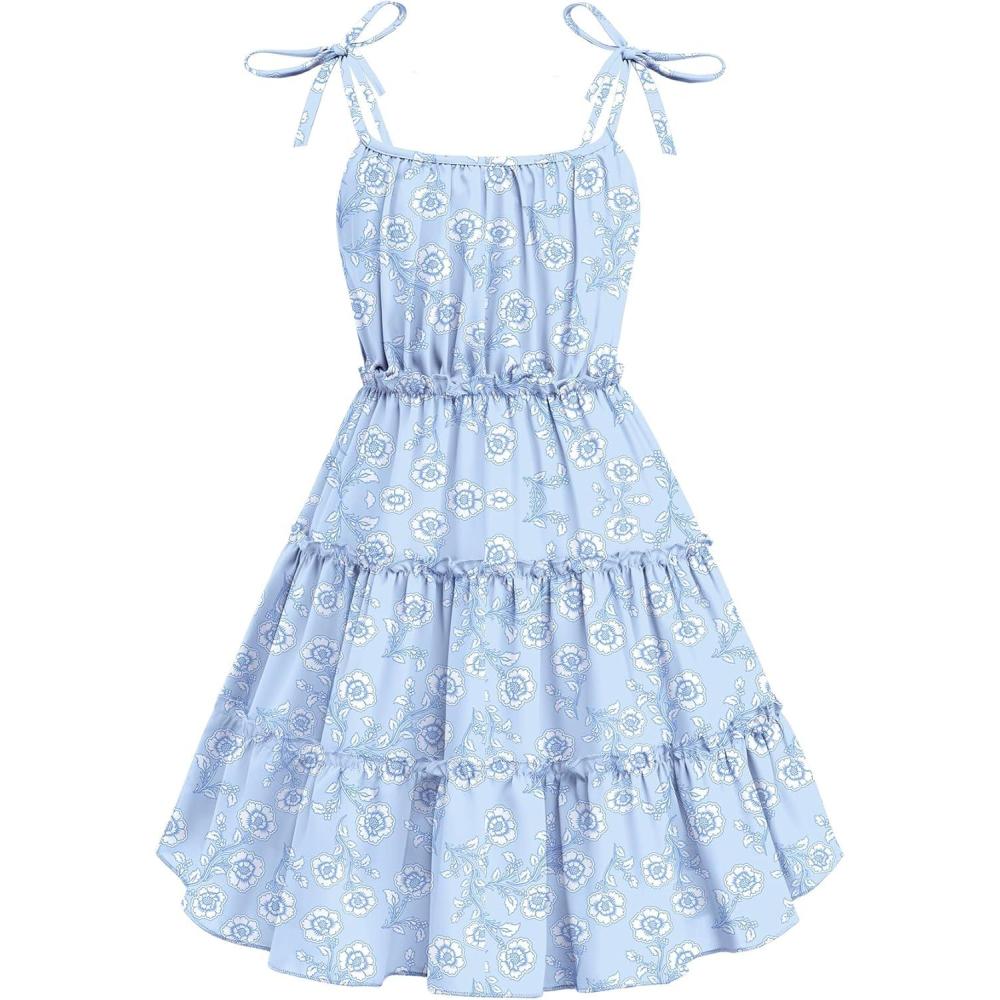 image:imageArshiner Girls Summer Sundress Boho Spaghetti Strap Ruffled Tiered Dresses Casual Midi Cami DressBlueflower