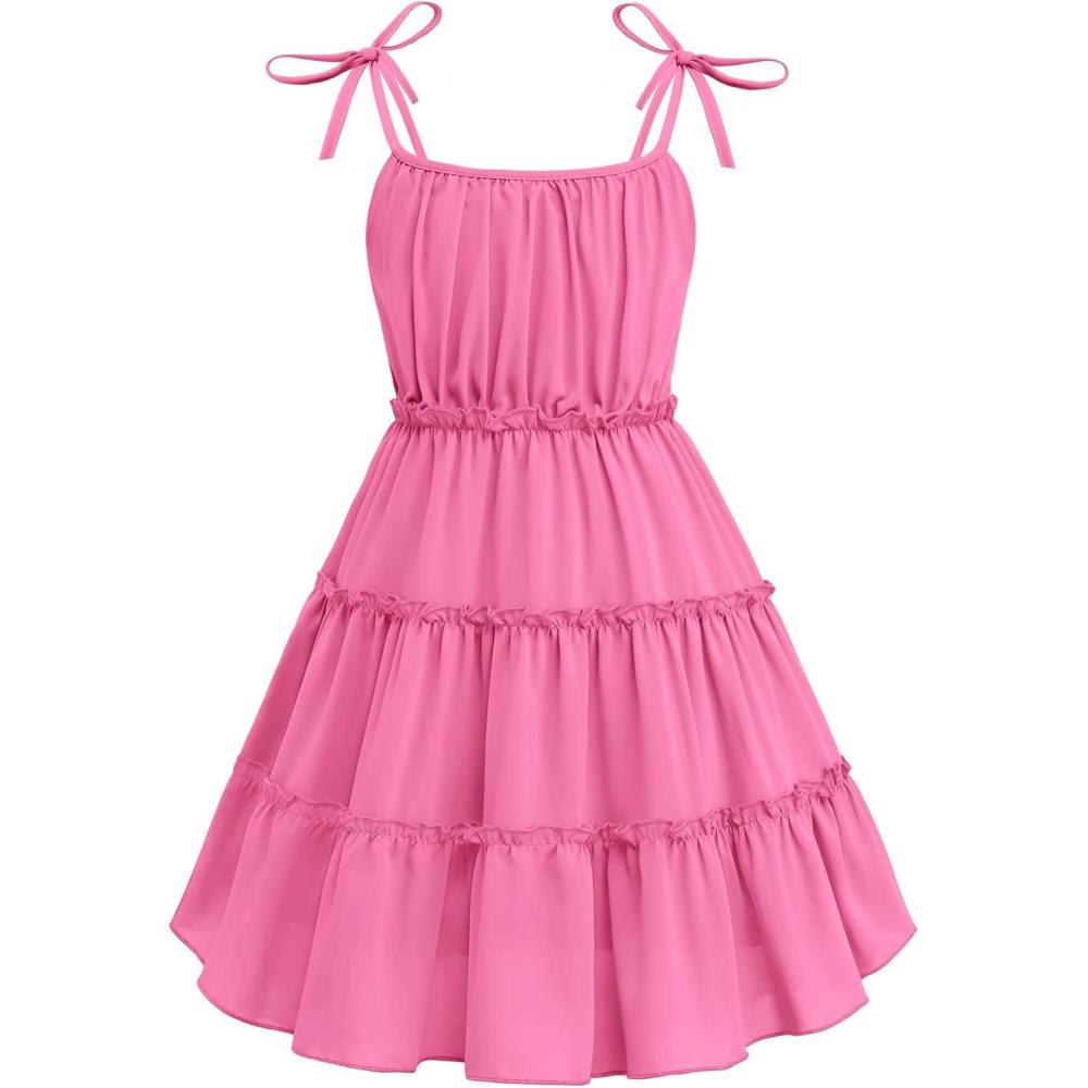 image:imageArshiner Girls Summer Sundress Boho Spaghetti Strap Ruffled Tiered Dresses Casual Midi Cami DressHot Pink
