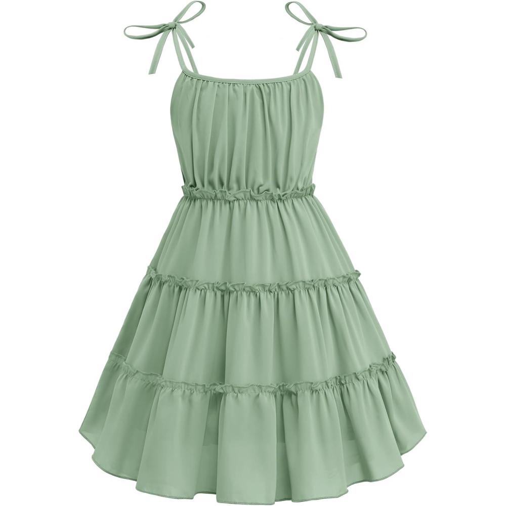 image:imageArshiner Girls Summer Sundress Boho Spaghetti Strap Ruffled Tiered Dresses Casual Midi Cami DressLight Green
