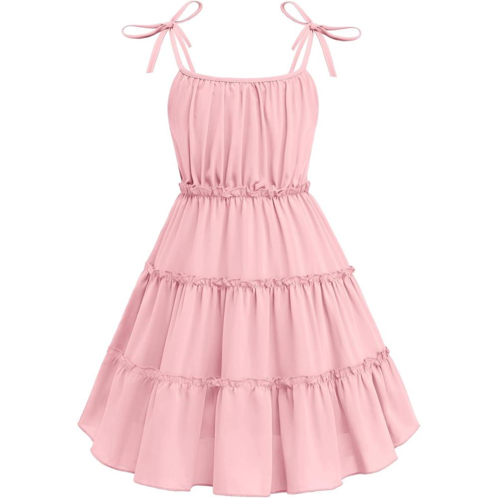 image:imageArshiner Girls Summer Sundress Boho Spaghetti Strap Ruffled Tiered Dresses Casual Midi Cami DressLight Pink