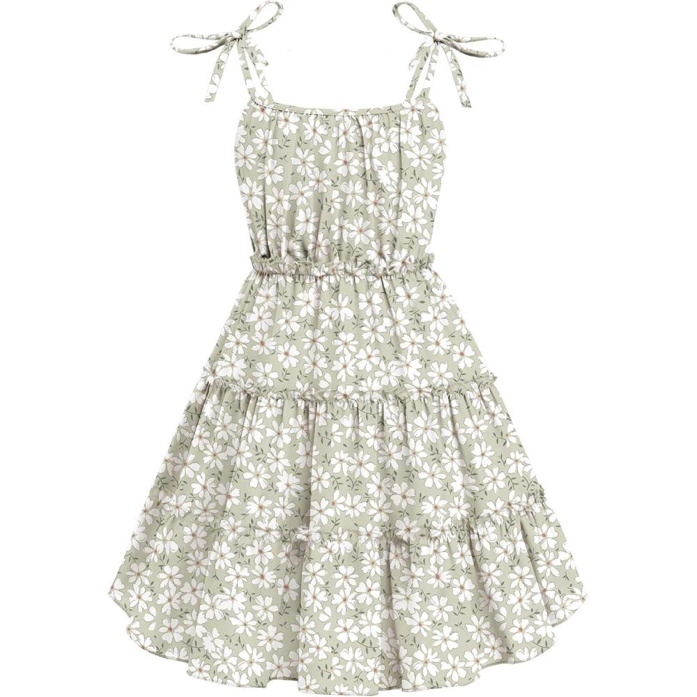 image:imageArshiner Girls Summer Sundress Boho Spaghetti Strap Ruffled Tiered Dresses Casual Midi Cami DressWhitefloral