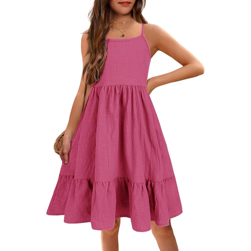image:imageArshiner Girls Summer Sundress Spaghetti Strap Solid Linen Midi Dress Casual Cami DressesRose Red
