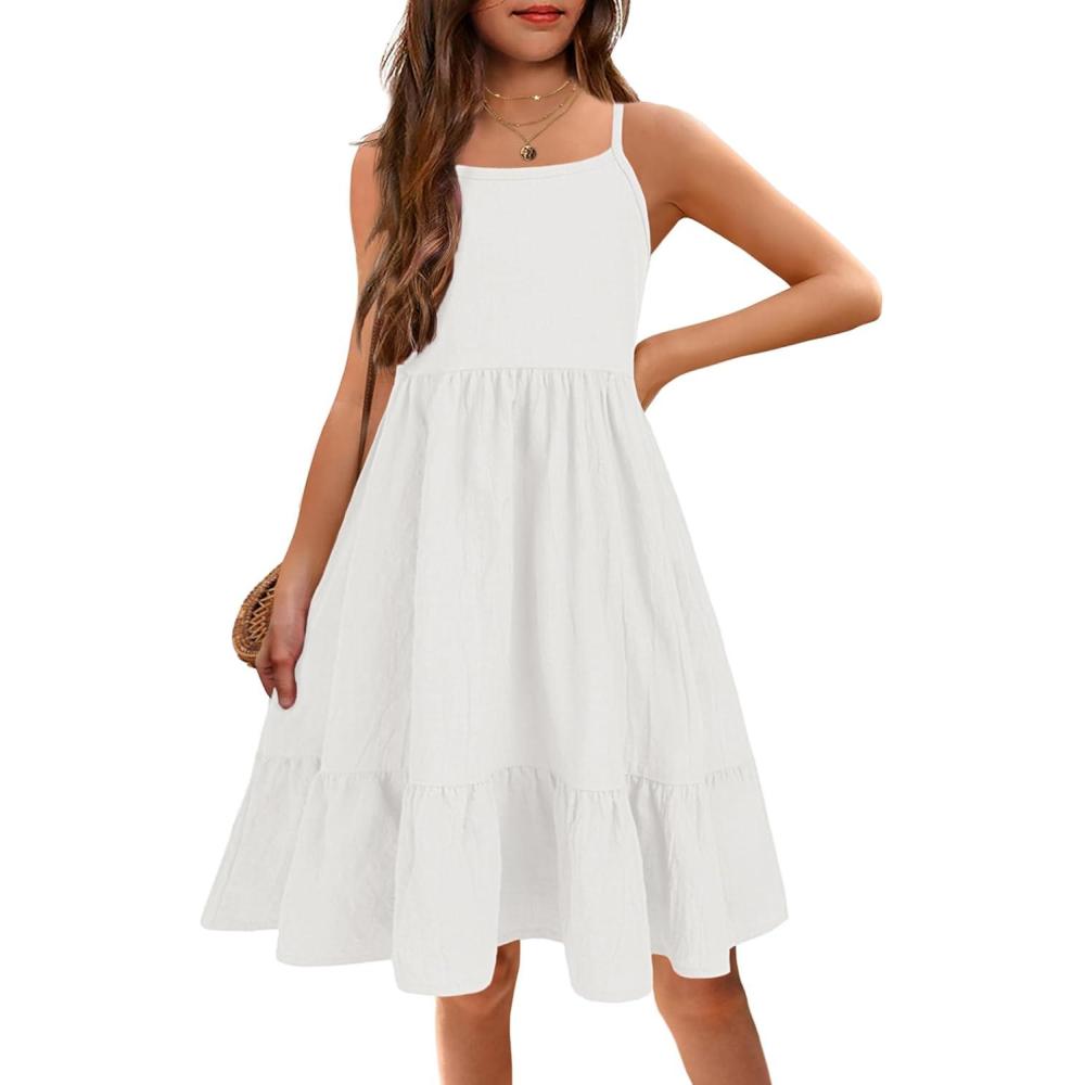 image:imageArshiner Girls Summer Sundress Spaghetti Strap Solid Linen Midi Dress Casual Cami DressesWhite