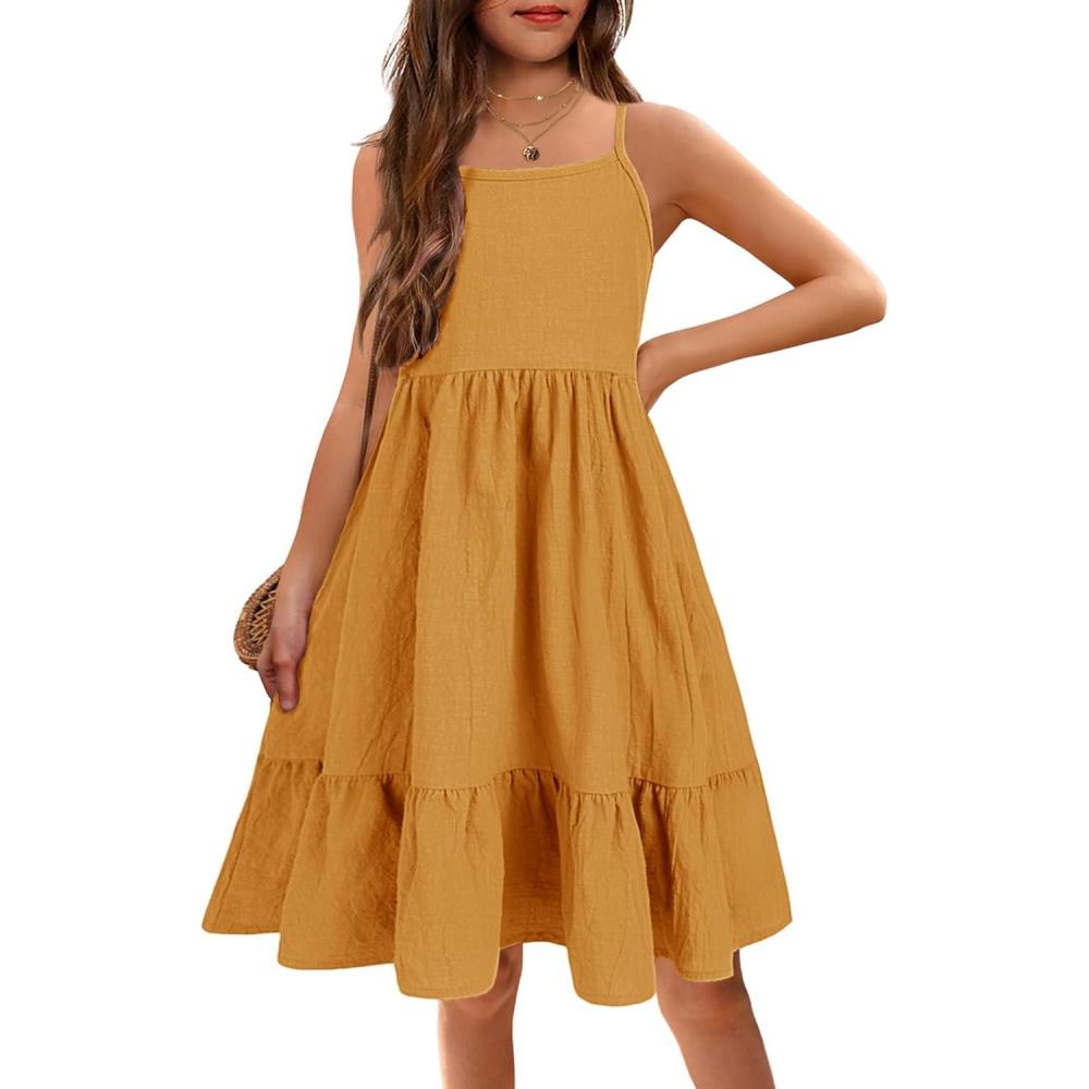 image:imageArshiner Girls Summer Sundress Spaghetti Strap Solid Linen Midi Dress Casual Cami DressesYellow
