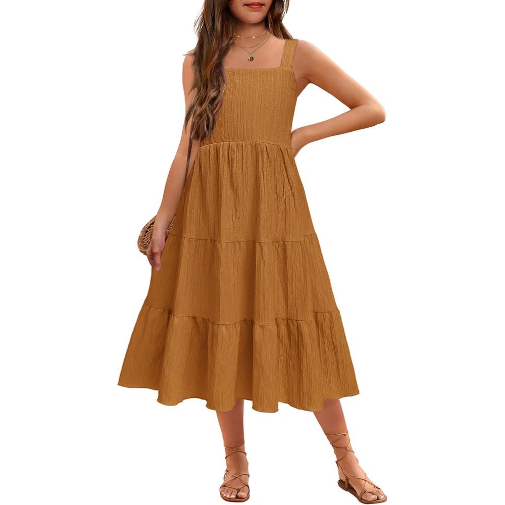 image:imageArshiner Girls Sundresses Summer Boho Strap Tiered Cami Maxi Dresses with PocketsBrown