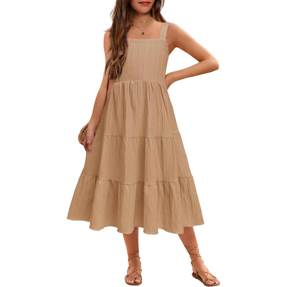 image:imageArshiner Girls Sundresses Summer Boho Strap Tiered Cami Maxi Dresses with PocketsCamel