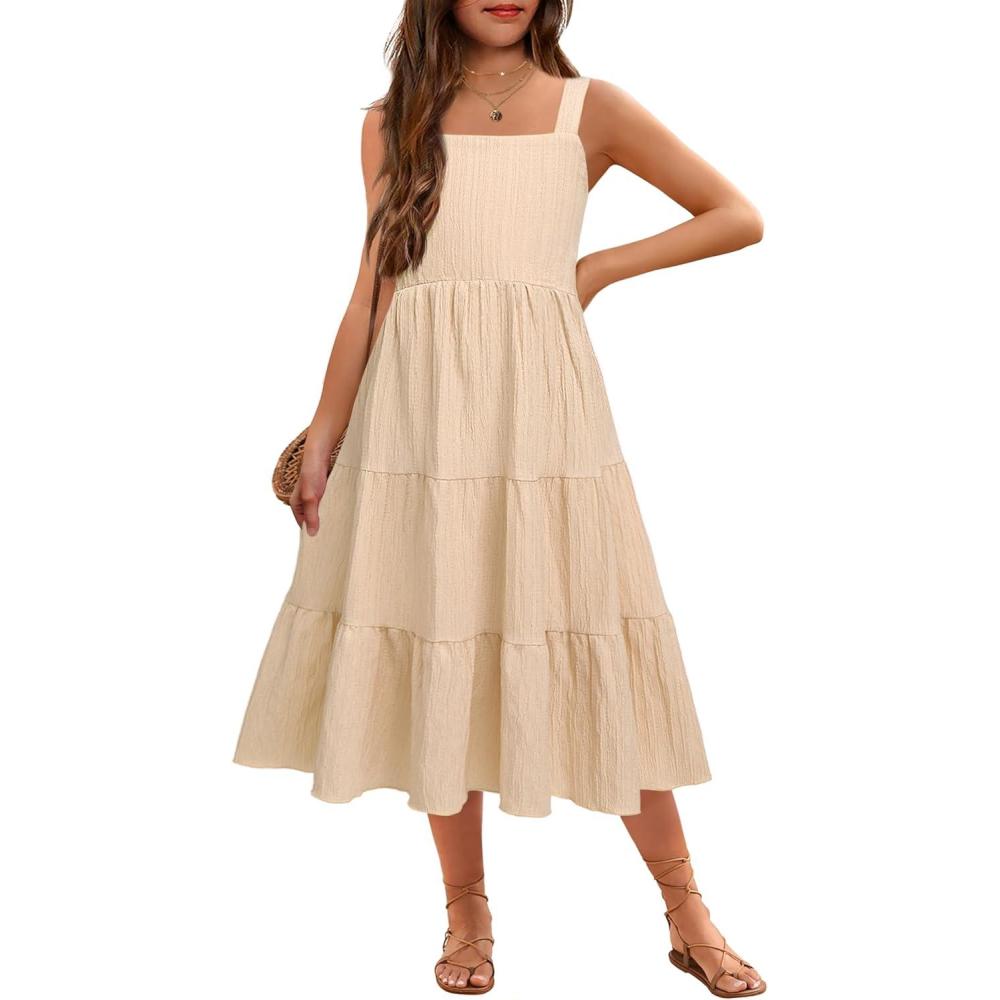 image:imageArshiner Girls Sundresses Summer Boho Strap Tiered Cami Maxi Dresses with PocketsChampagne