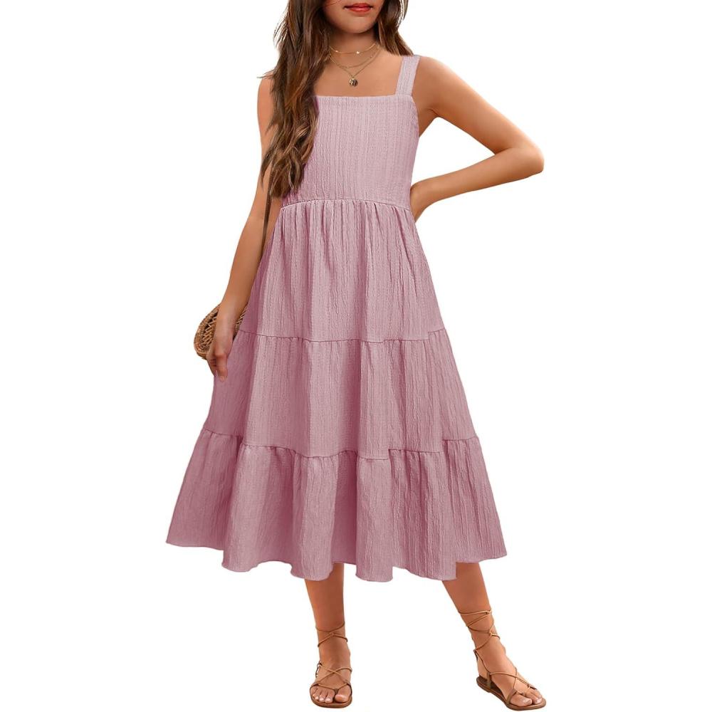 image:imageArshiner Girls Sundresses Summer Boho Strap Tiered Cami Maxi Dresses with PocketsDark Pink